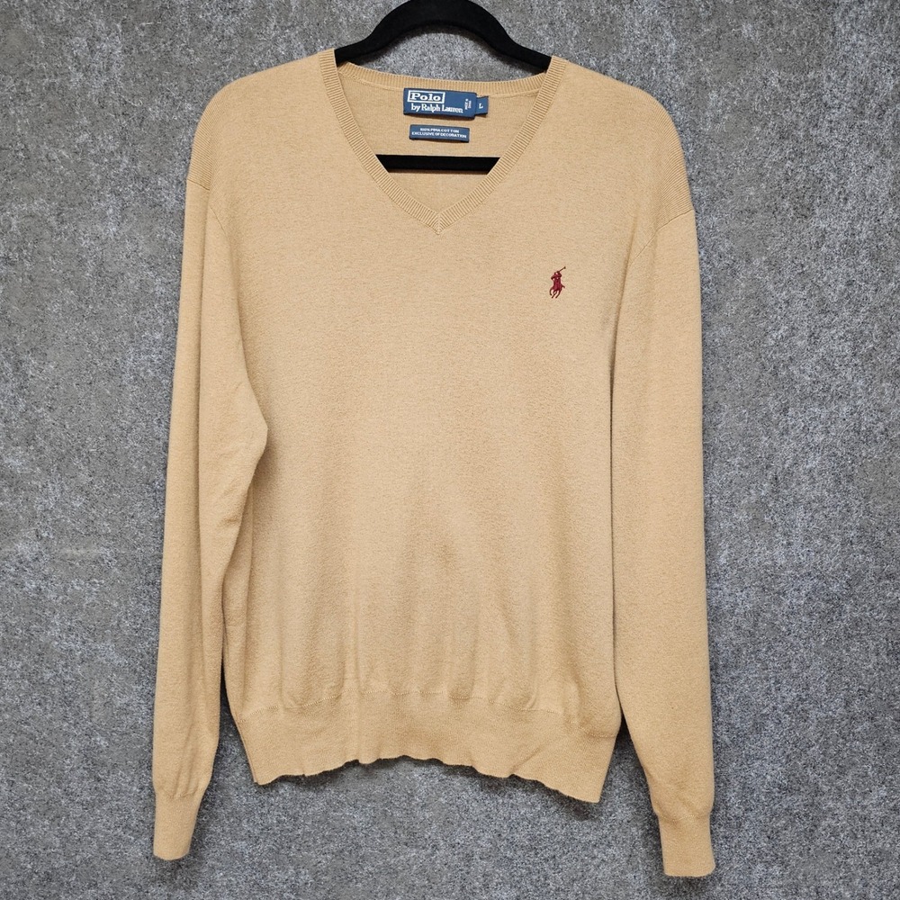 Polo Ralph Lauren Mens V-Neck Sweater Tan Camel 100% Pima Cotton Pony Logo L